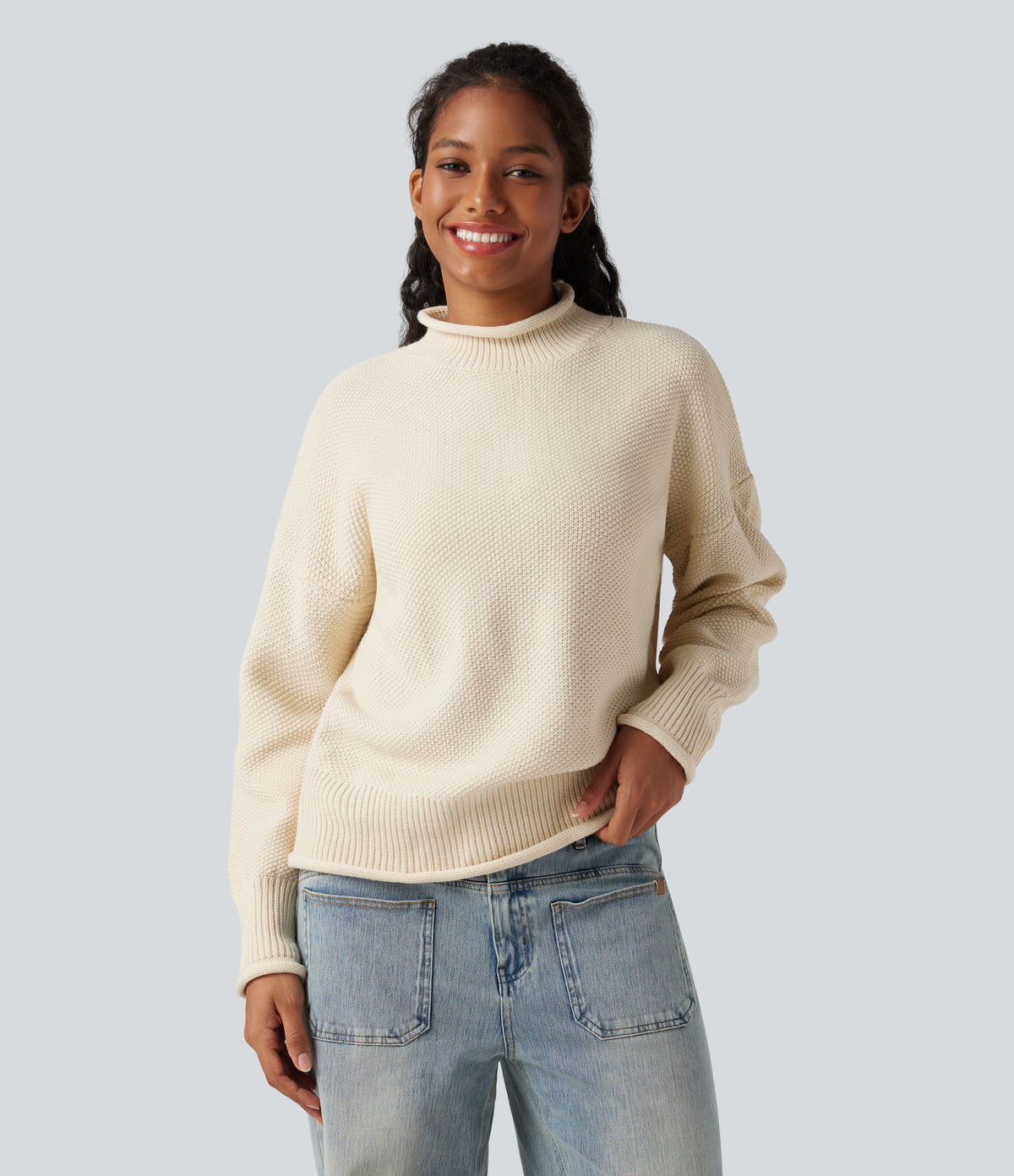 Mock-neck Long Sleeve Casual Jumper — White Asparagus — view 1