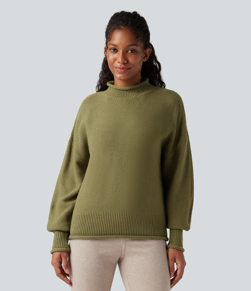 Mock-neck Long Sleeve Casual Jumper — Green Olive — view 6