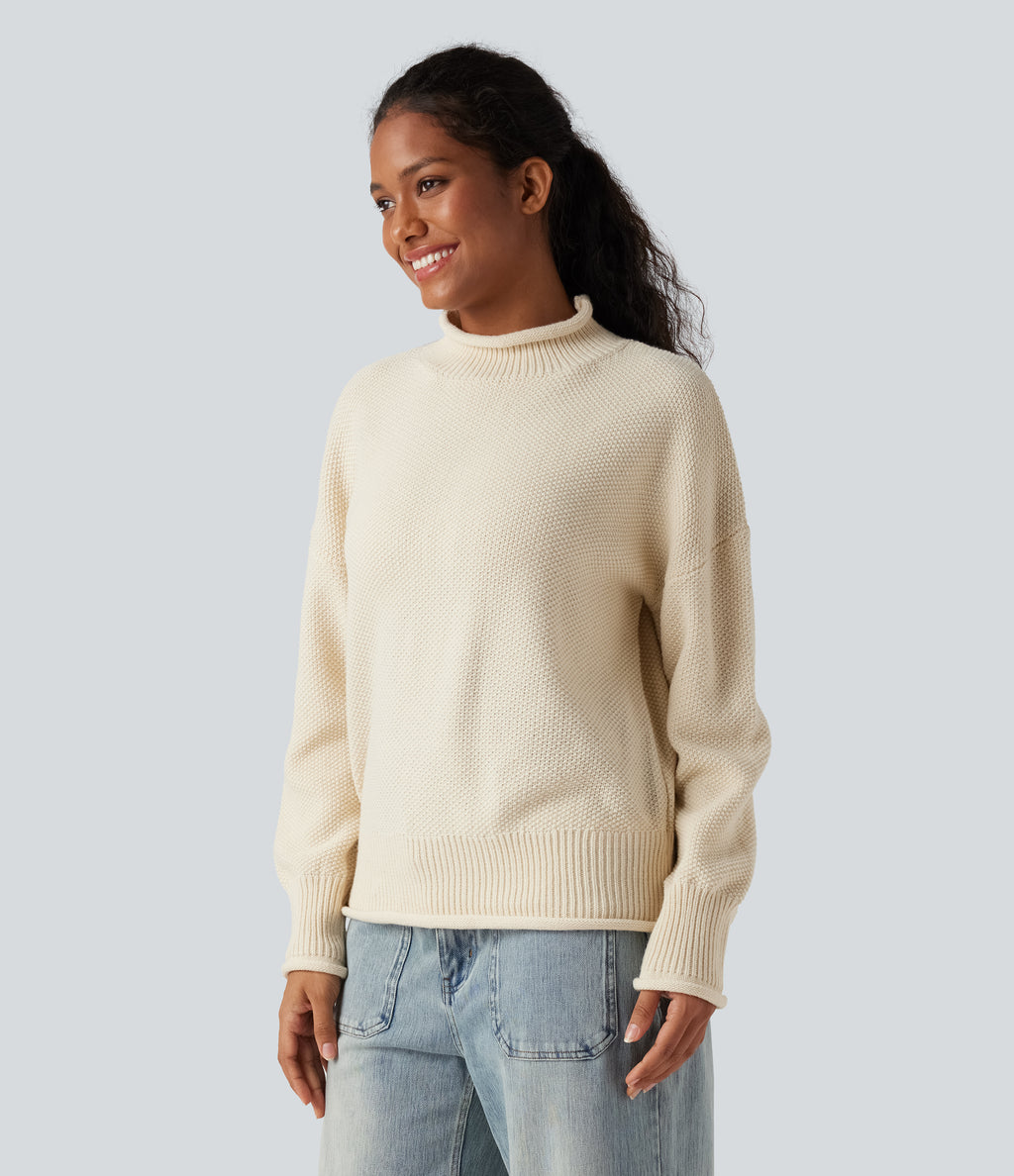 Mock-neck Long Sleeve Casual Jumper — White Asparagus — view 3