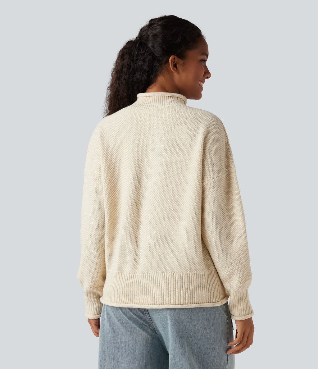 Mock-neck Long Sleeve Casual Jumper — White Asparagus — view 2