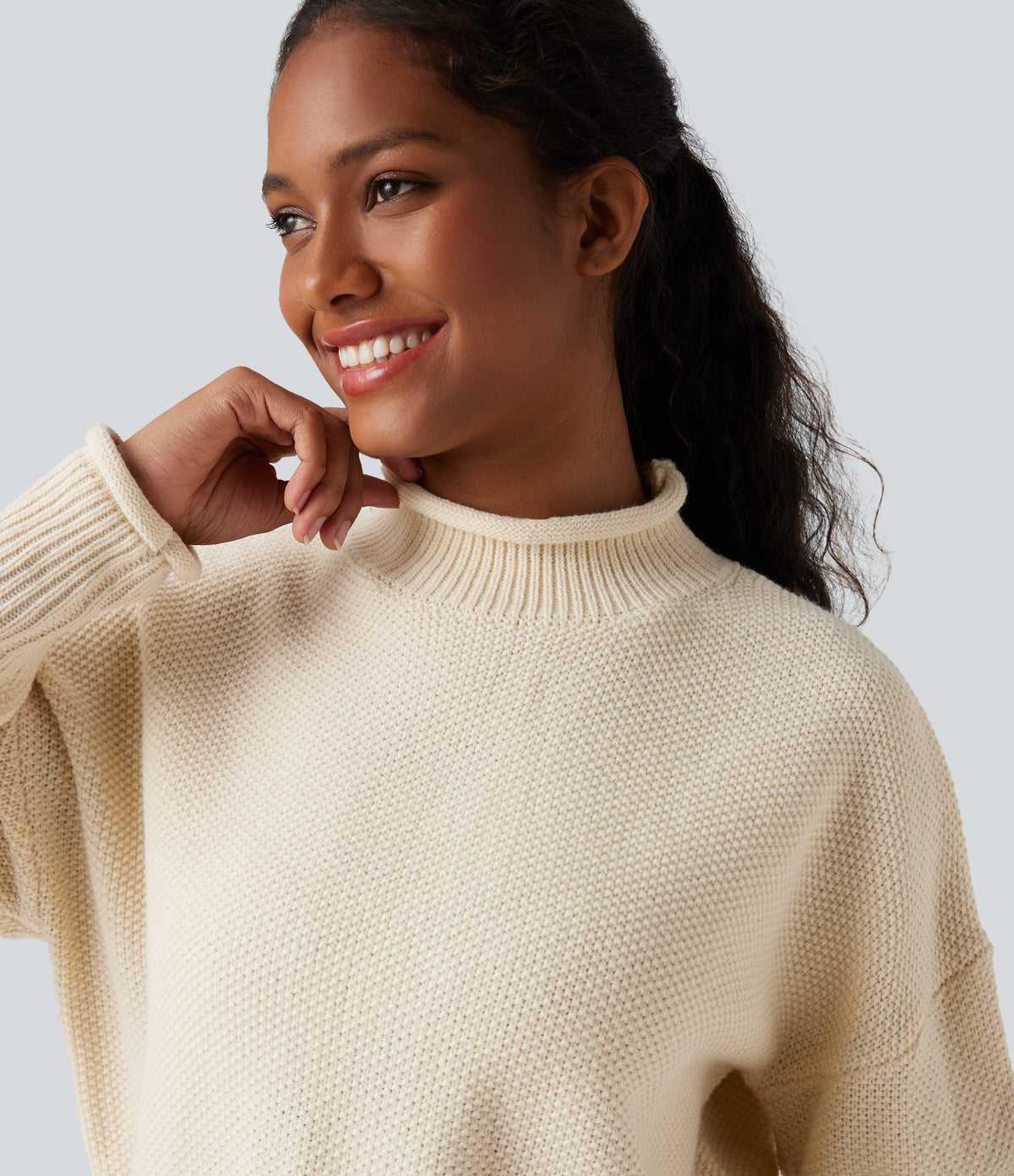 Mock-neck Long Sleeve Casual Jumper — White Asparagus — view 4