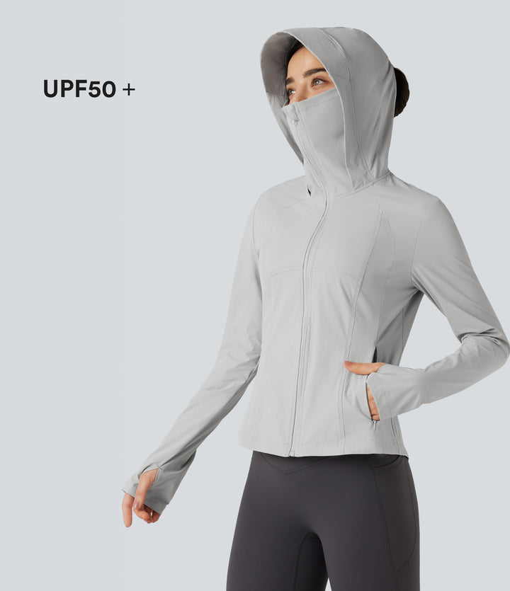 Hooded Long Sleeve Thumb Hole Zipper Hiking Jacket with Pockets-UPF40+ — Lunar Rock — view 1