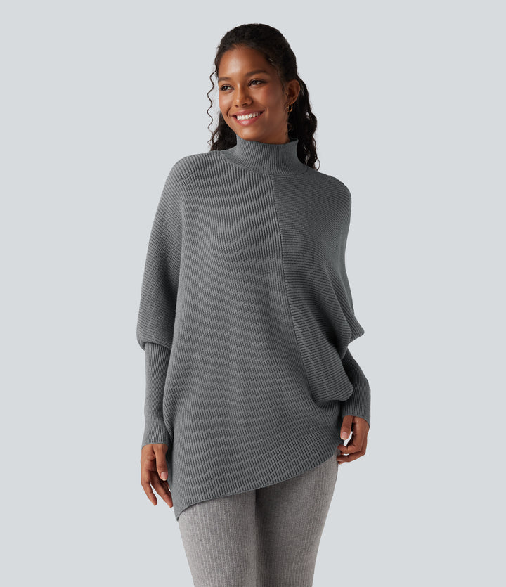 High Neck Batwing Long Sleeve Asymmetric Hem Work Jumper — Frost Gray — view 1