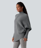 High Neck Batwing Long Sleeve Asymmetric Hem Work Jumper — Frost Gray — view 3