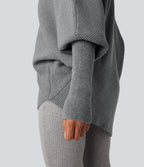 High Neck Batwing Long Sleeve Asymmetric Hem Work Jumper — Frost Gray — view 5