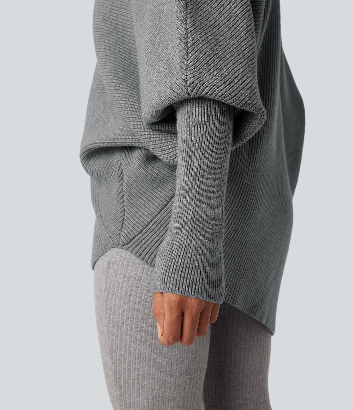 High Neck Batwing Long Sleeve Asymmetric Hem Work Jumper — Frost Gray — view 5