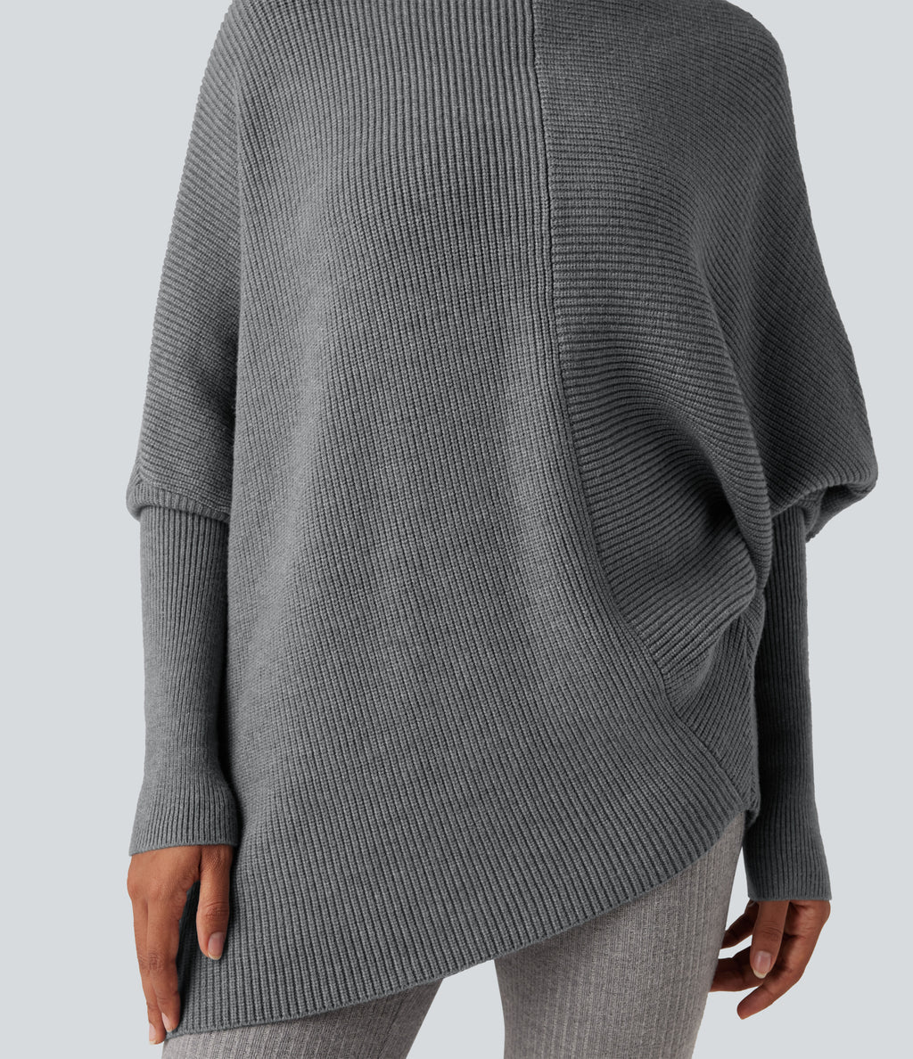 High Neck Batwing Long Sleeve Asymmetric Hem Work Jumper — Frost Gray — view 4