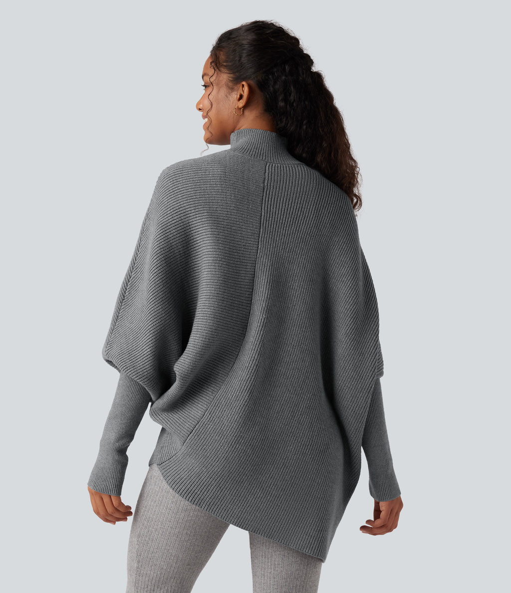 High Neck Batwing Long Sleeve Asymmetric Hem Work Jumper — Frost Gray — view 2