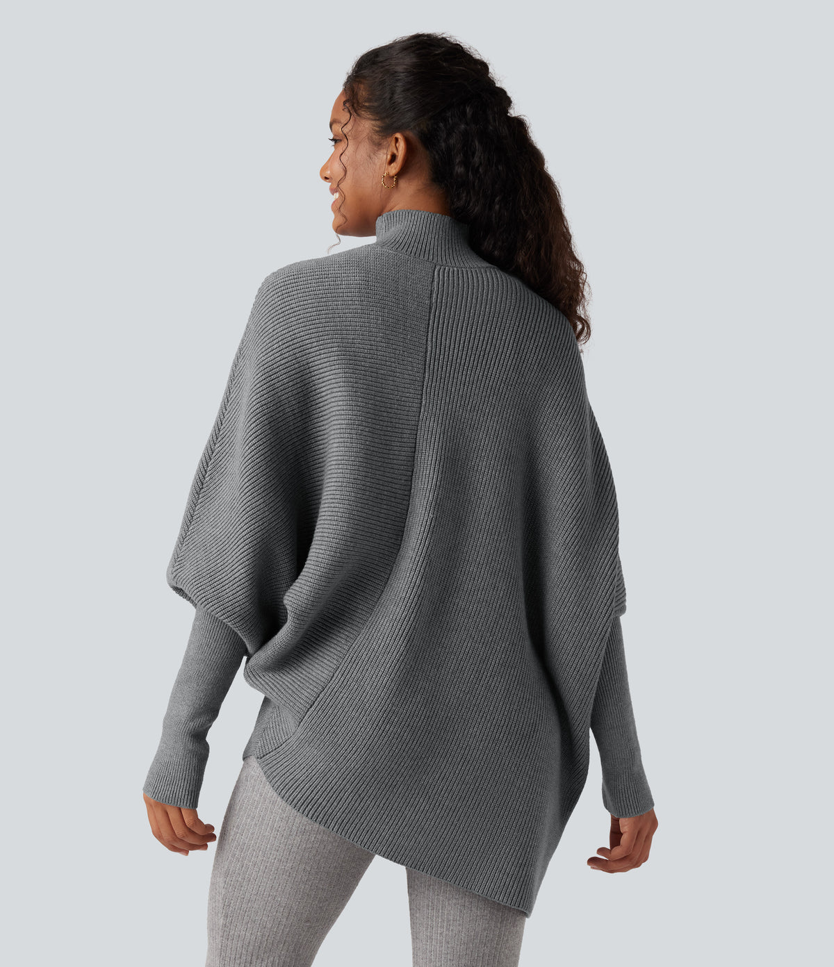 High Neck Batwing Long Sleeve Asymmetric Hem Work Jumper — Frost Gray — view 2
