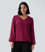 V Neck Long Sleeve Work Top — Beet Red — view 7