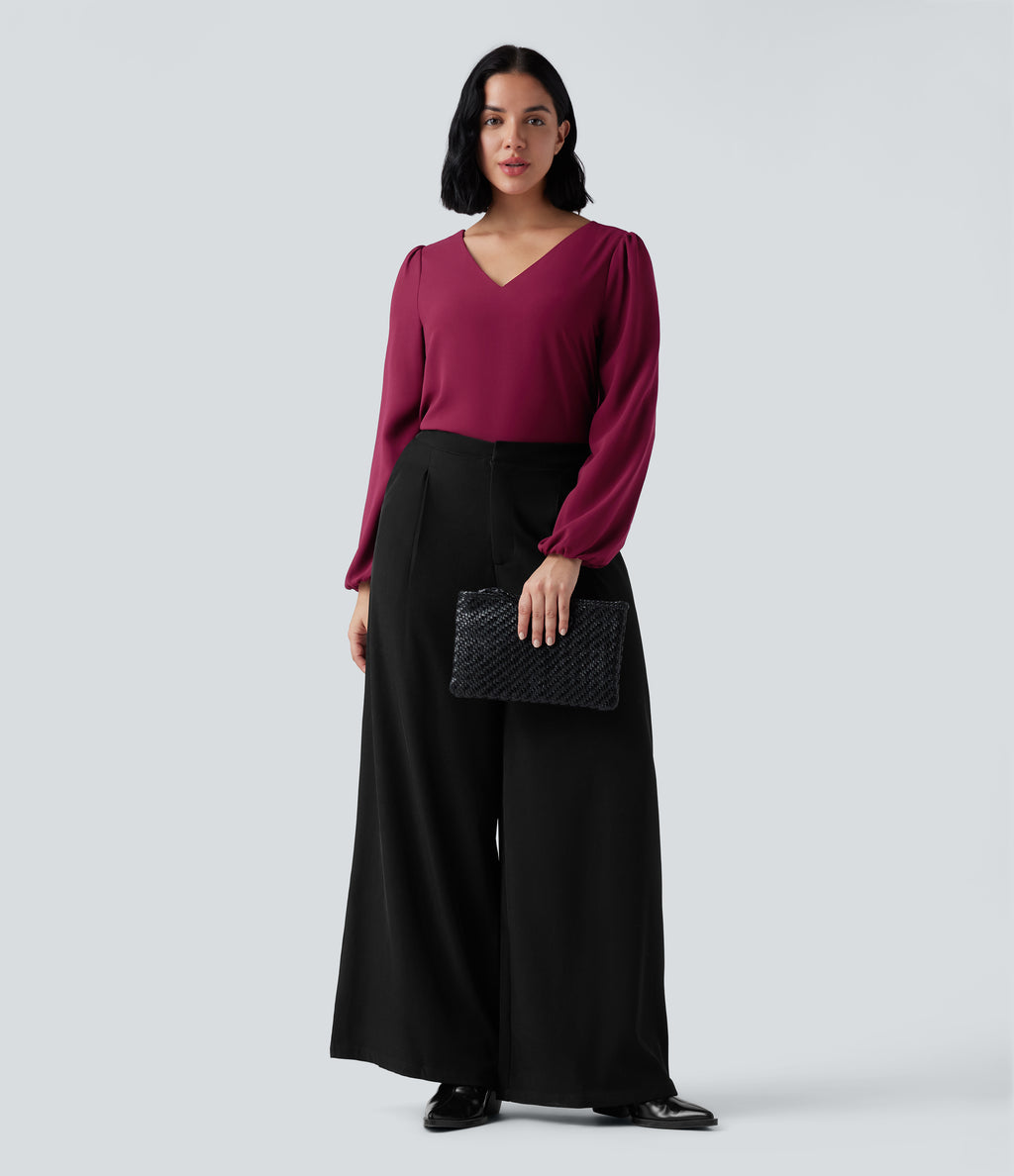 V Neck Long Sleeve Work Top — Beet Red — view 8