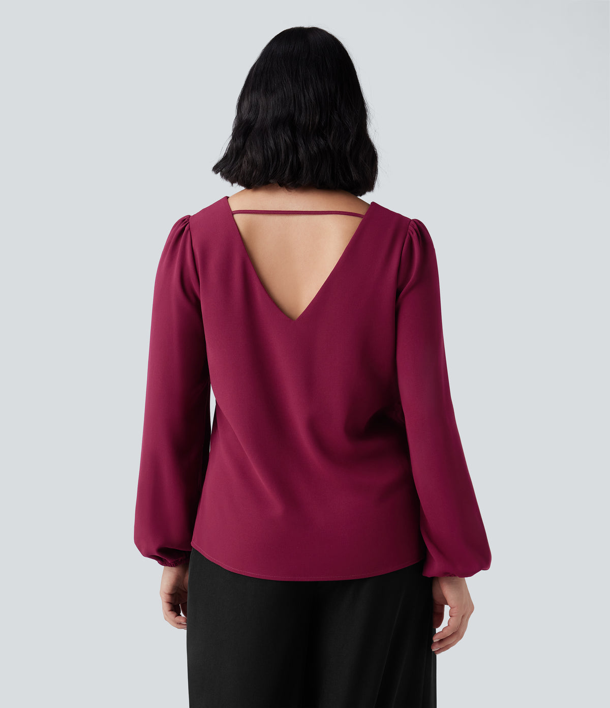 V Neck Long Sleeve Work Top — Beet Red — view 2