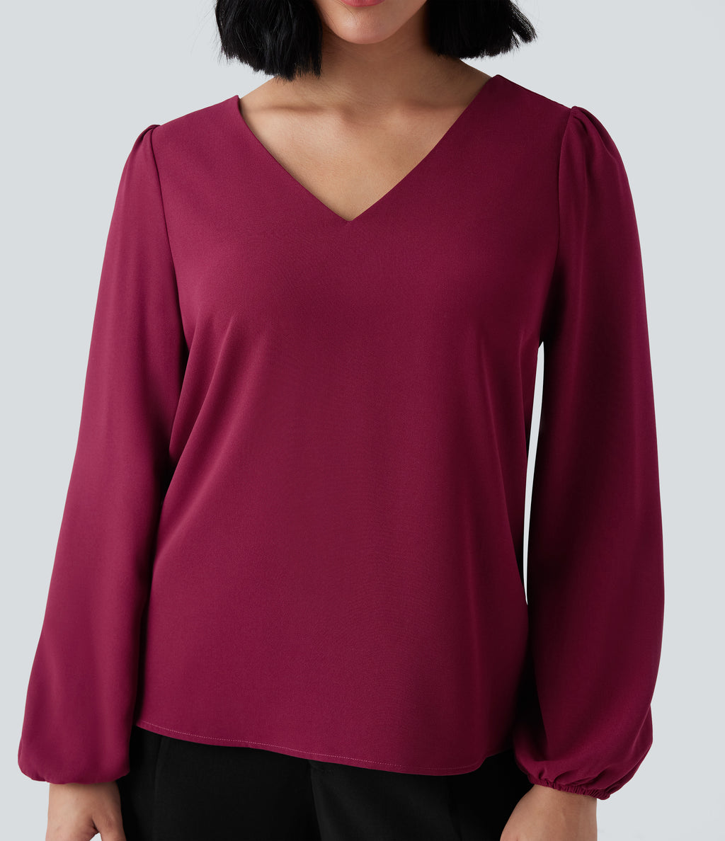 V Neck Long Sleeve Work Top — Beet Red — view 4