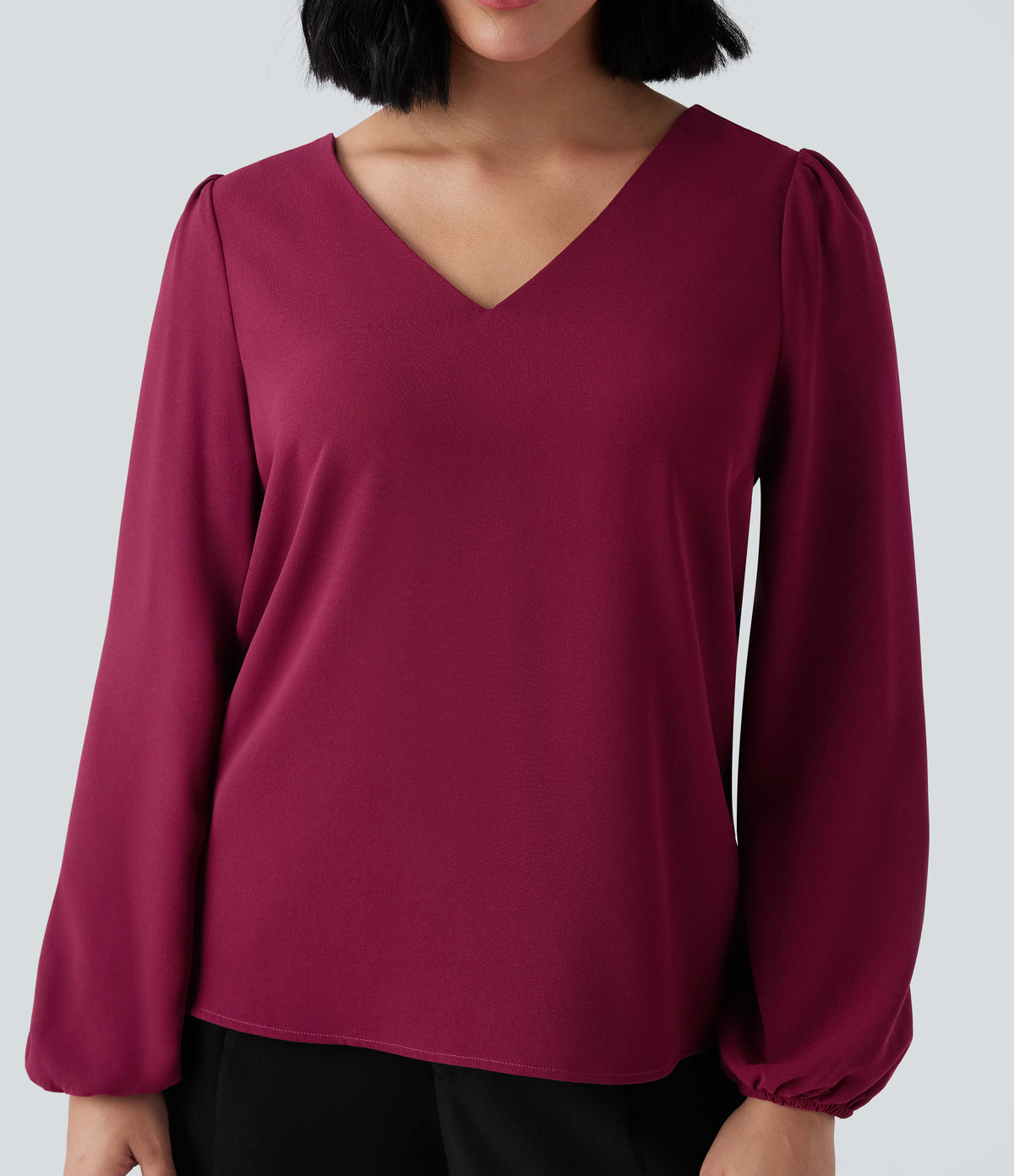 V Neck Long Sleeve Work Top — Beet Red — view 4