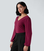 V Neck Long Sleeve Work Top — Beet Red — view 3