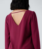 V Neck Long Sleeve Work Top — Beet Red — view 5