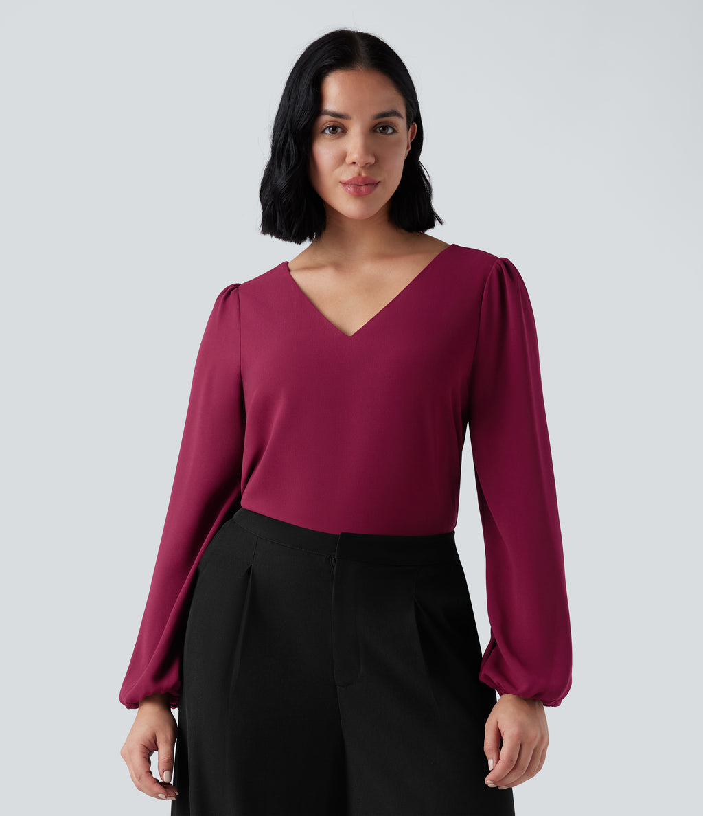 V Neck Long Sleeve Work Top — Beet Red — view 1