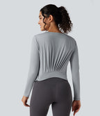 Round Neck Long Sleeve Pleated Yoga Sports Top with Pocket — Antarctica — view 2