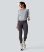 Round Neck Long Sleeve Pleated Yoga Sports Top with Pocket — Antarctica — view 6