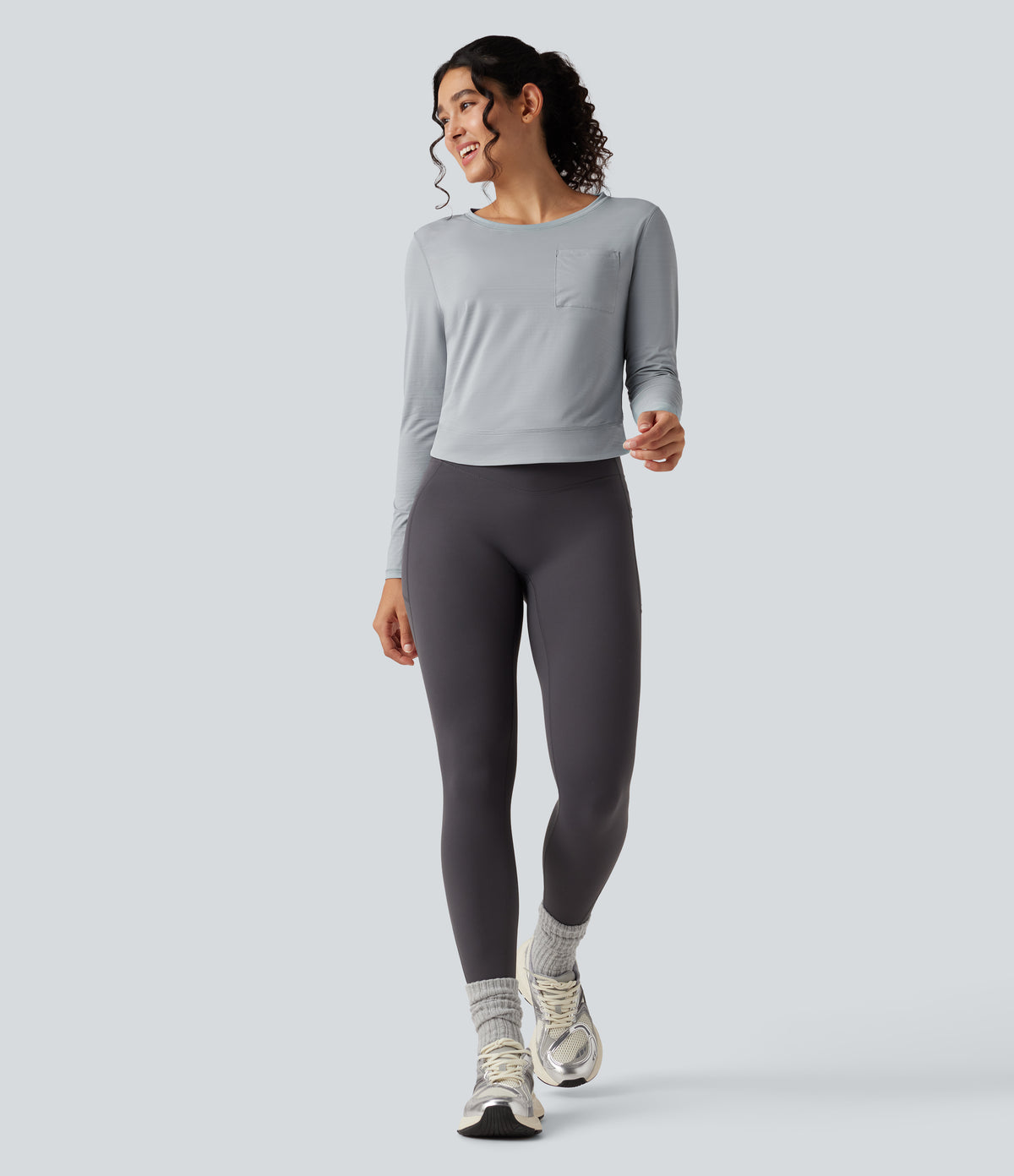 Round Neck Long Sleeve Pleated Yoga Sports Top with Pocket — Antarctica — view 6
