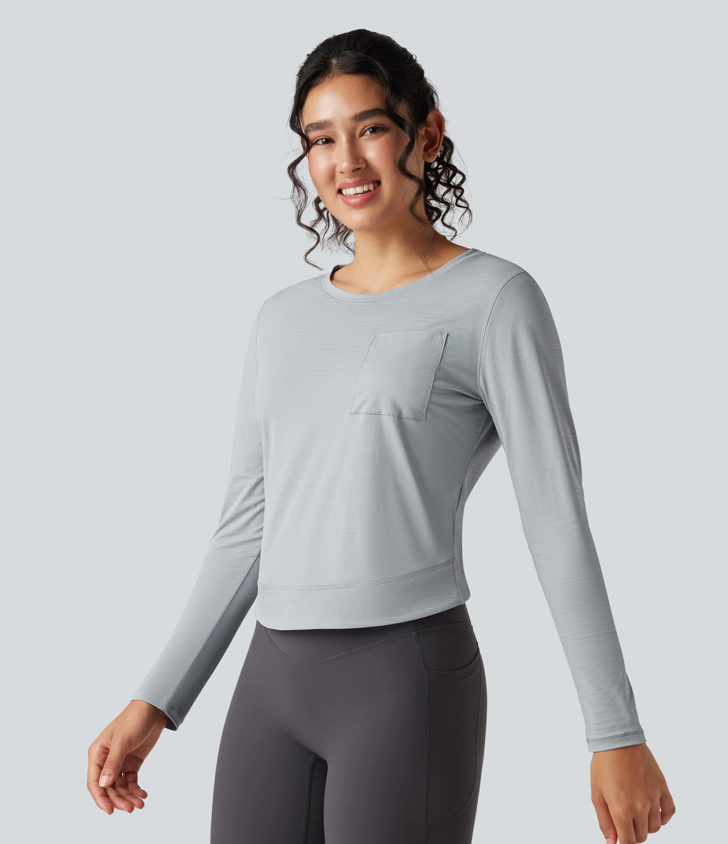 Round Neck Long Sleeve Pleated Yoga Sports Top with Pocket — Antarctica — view 4