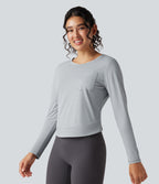 Round Neck Long Sleeve Pleated Yoga Sports Top with Pocket — Antarctica — view 4