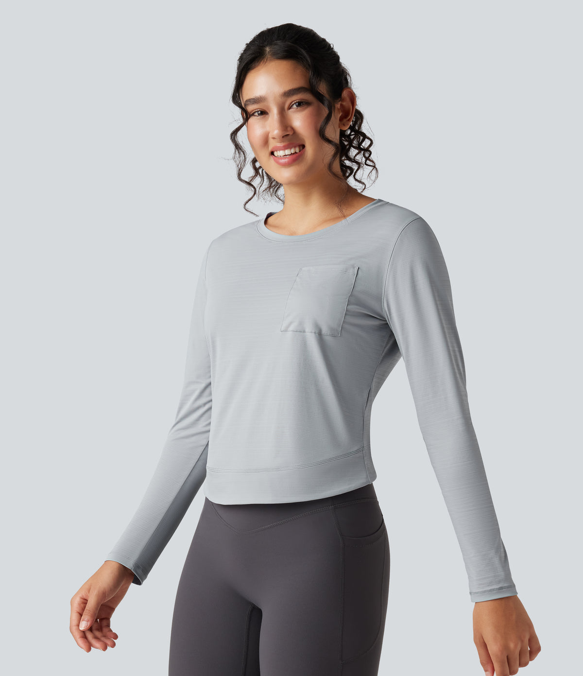 Round Neck Long Sleeve Pleated Yoga Sports Top with Pocket — Antarctica — view 4