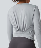 Round Neck Long Sleeve Pleated Yoga Sports Top with Pocket — Antarctica — view 1