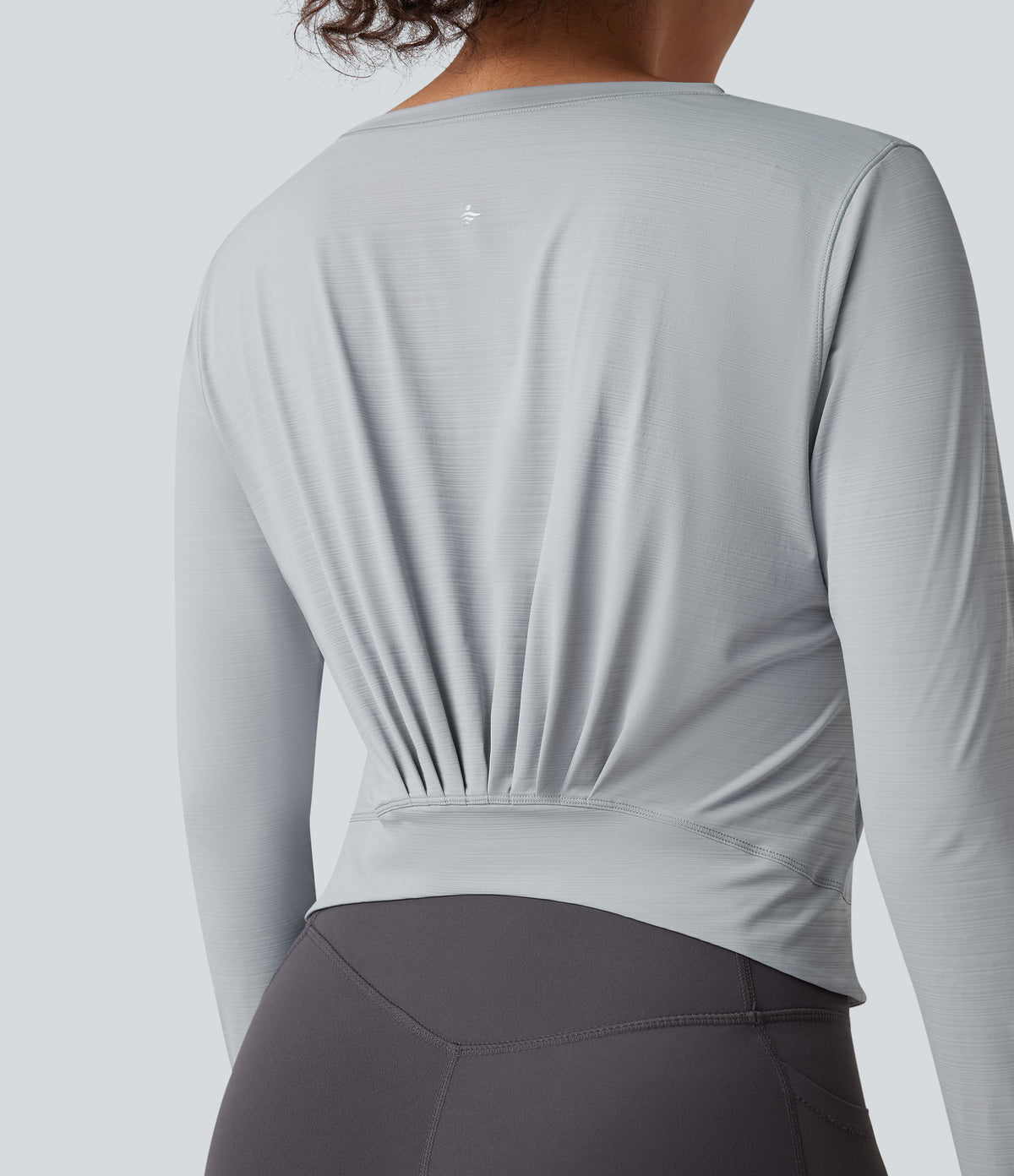 Round Neck Long Sleeve Pleated Yoga Sports Top with Pocket — Antarctica — view 1
