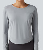 Round Neck Long Sleeve Pleated Yoga Sports Top with Pocket — Antarctica — view 5