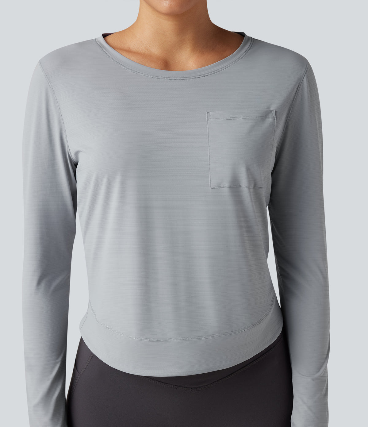Round Neck Long Sleeve Pleated Yoga Sports Top with Pocket — Antarctica — view 5