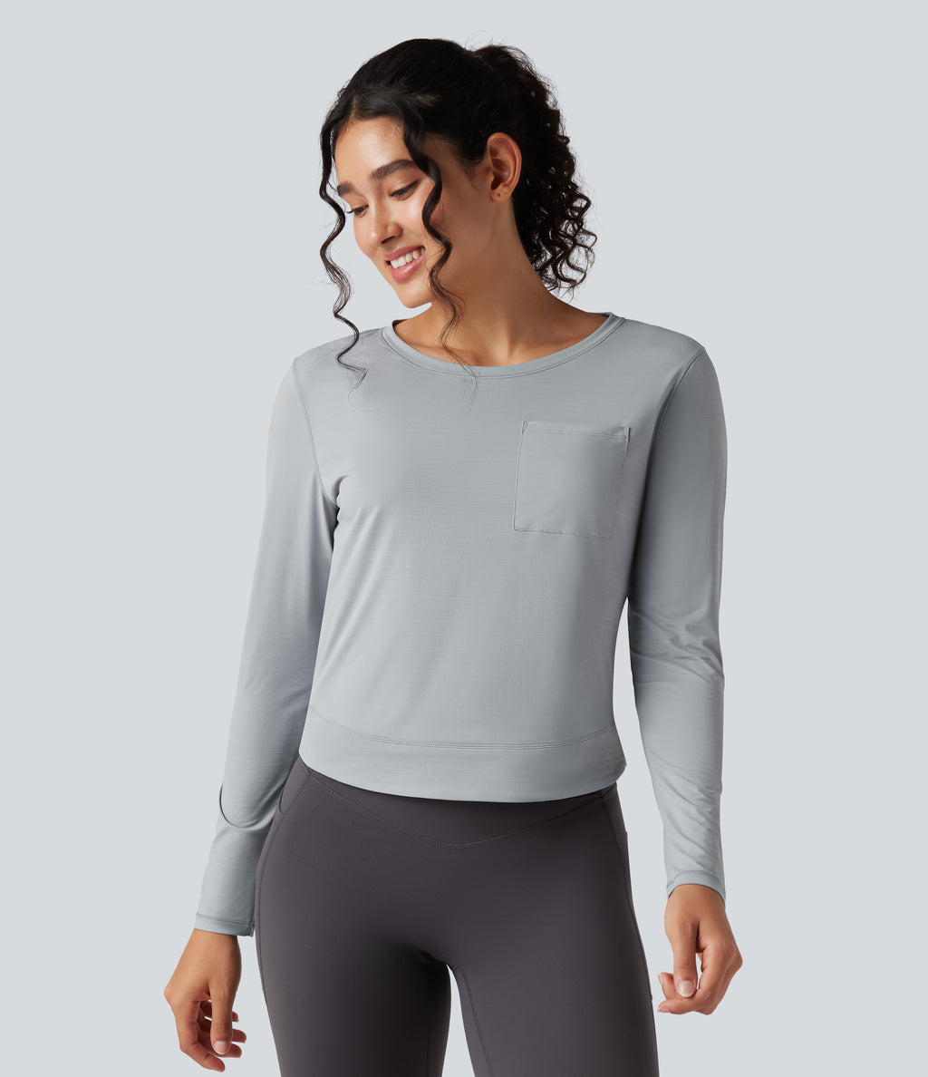 Round Neck Long Sleeve Pleated Yoga Sports Top with Pocket — Antarctica — view 3