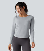 Round Neck Long Sleeve Pleated Yoga Sports Top with Pocket — Antarctica — view 3