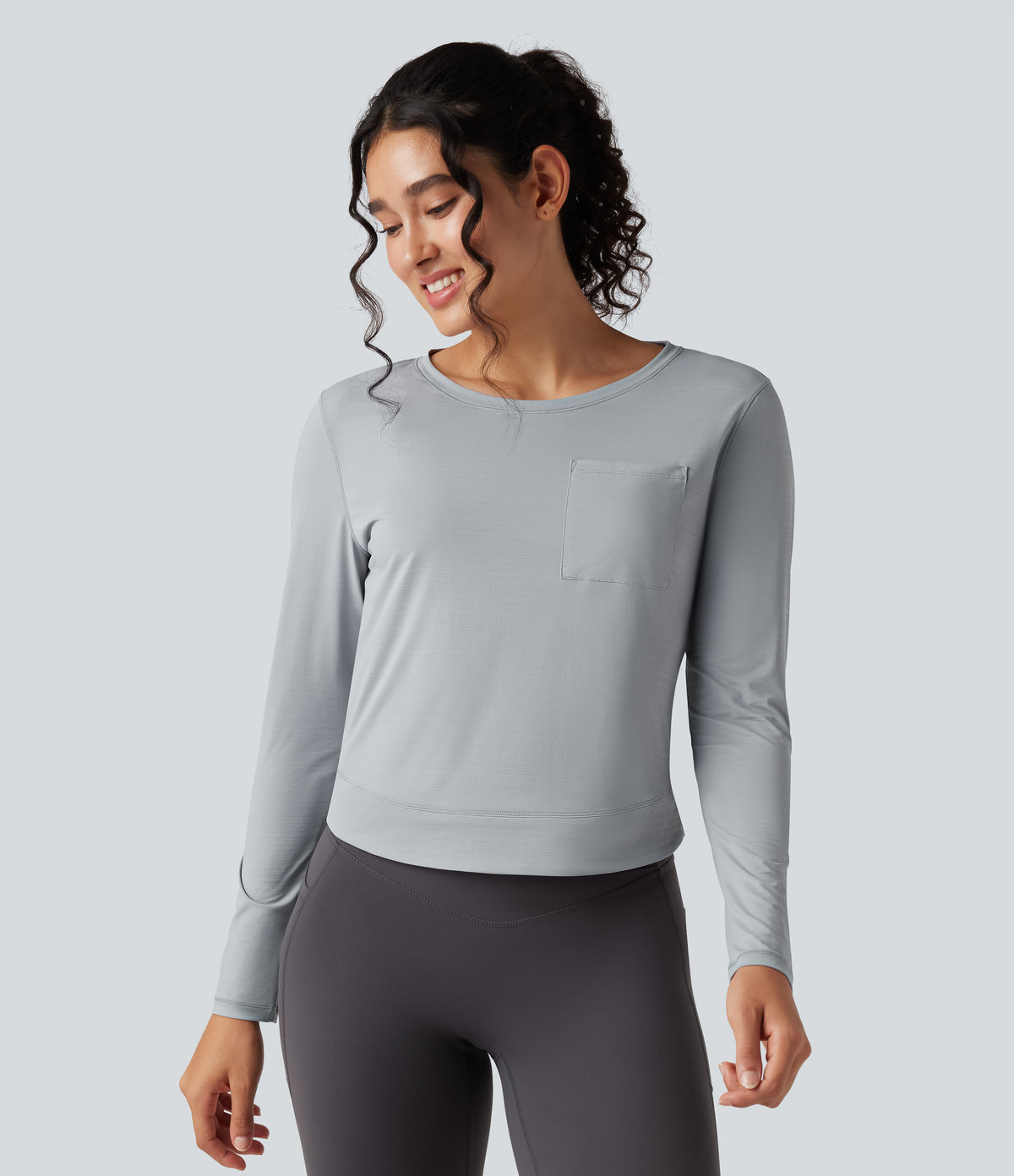 Round Neck Long Sleeve Pleated Yoga Sports Top with Pocket — Antarctica — view 3
