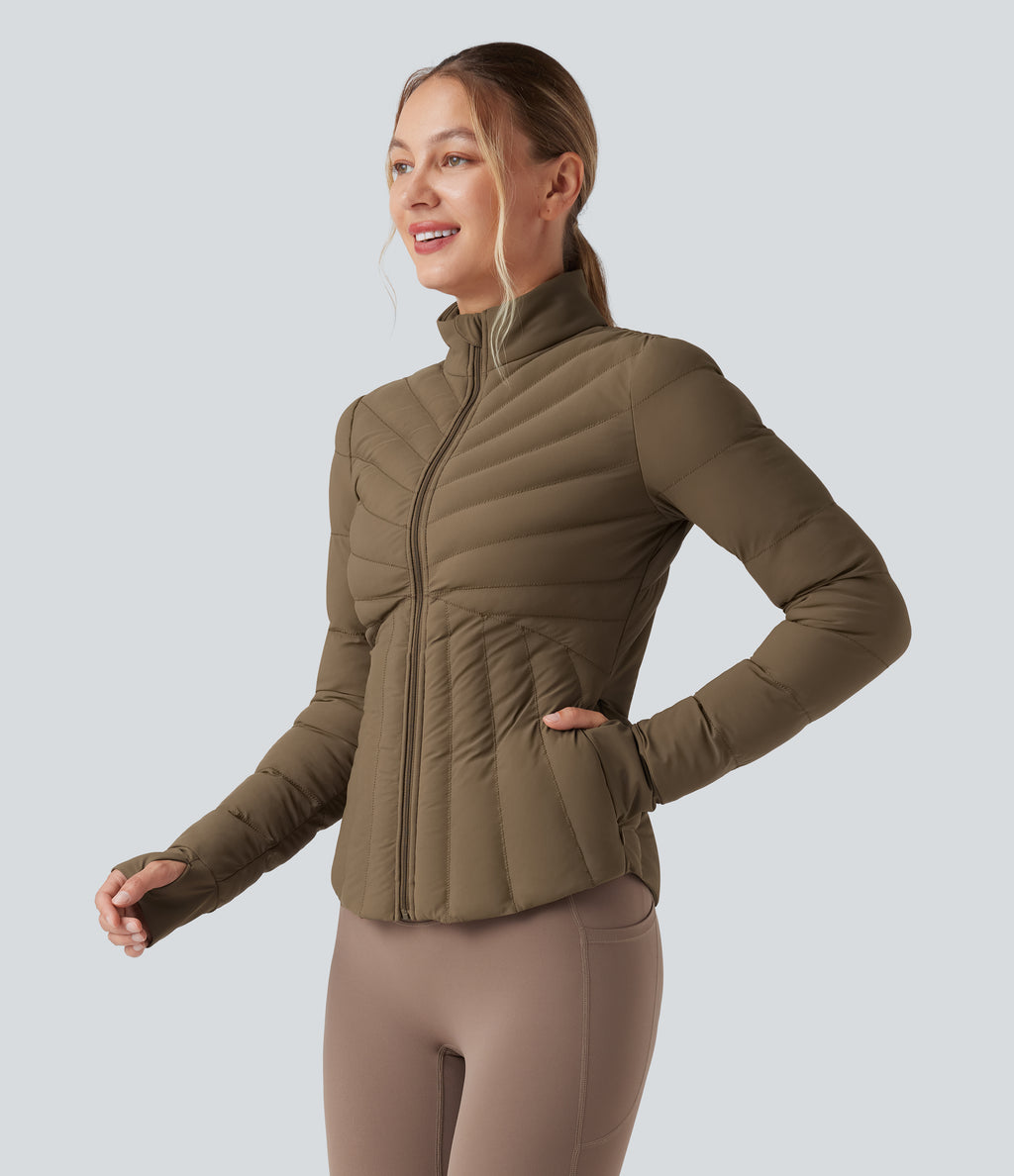 PuffFlex Stand Collar Thumb Holes Stretchy Workout Quilted Jacket with Pockets — Chestnut Brown — view 3