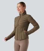 PuffFlex Stand Collar Thumb Holes Stretchy Workout Quilted Jacket with Pockets — Chestnut Brown — view 3