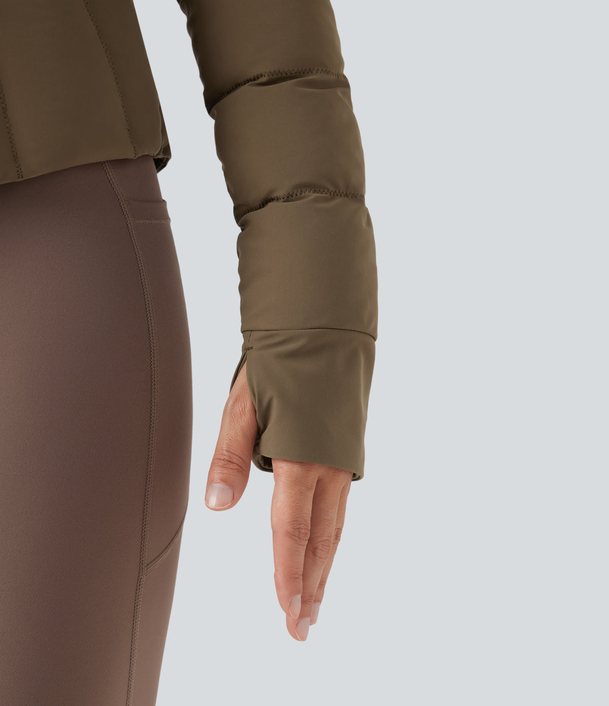 PuffFlex Stand Collar Thumb Holes Stretchy Workout Quilted Jacket with Pockets — Chestnut Brown — view 6