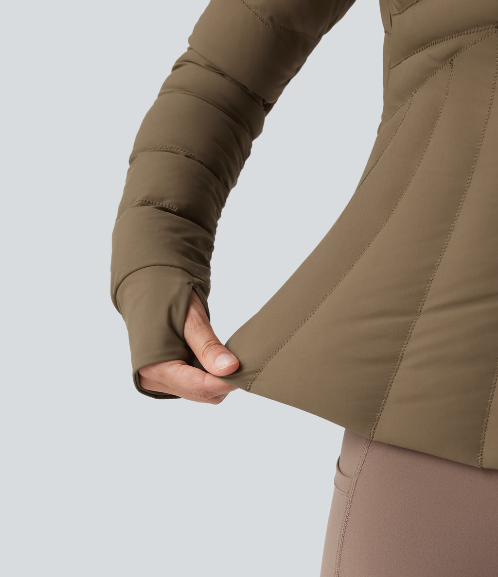 PuffFlex Stand Collar Thumb Holes Stretchy Workout Quilted Jacket with Pockets — Chestnut Brown — view 7