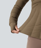 PuffFlex Stand Collar Thumb Holes Stretchy Workout Quilted Jacket with Pockets — Chestnut Brown — view 7