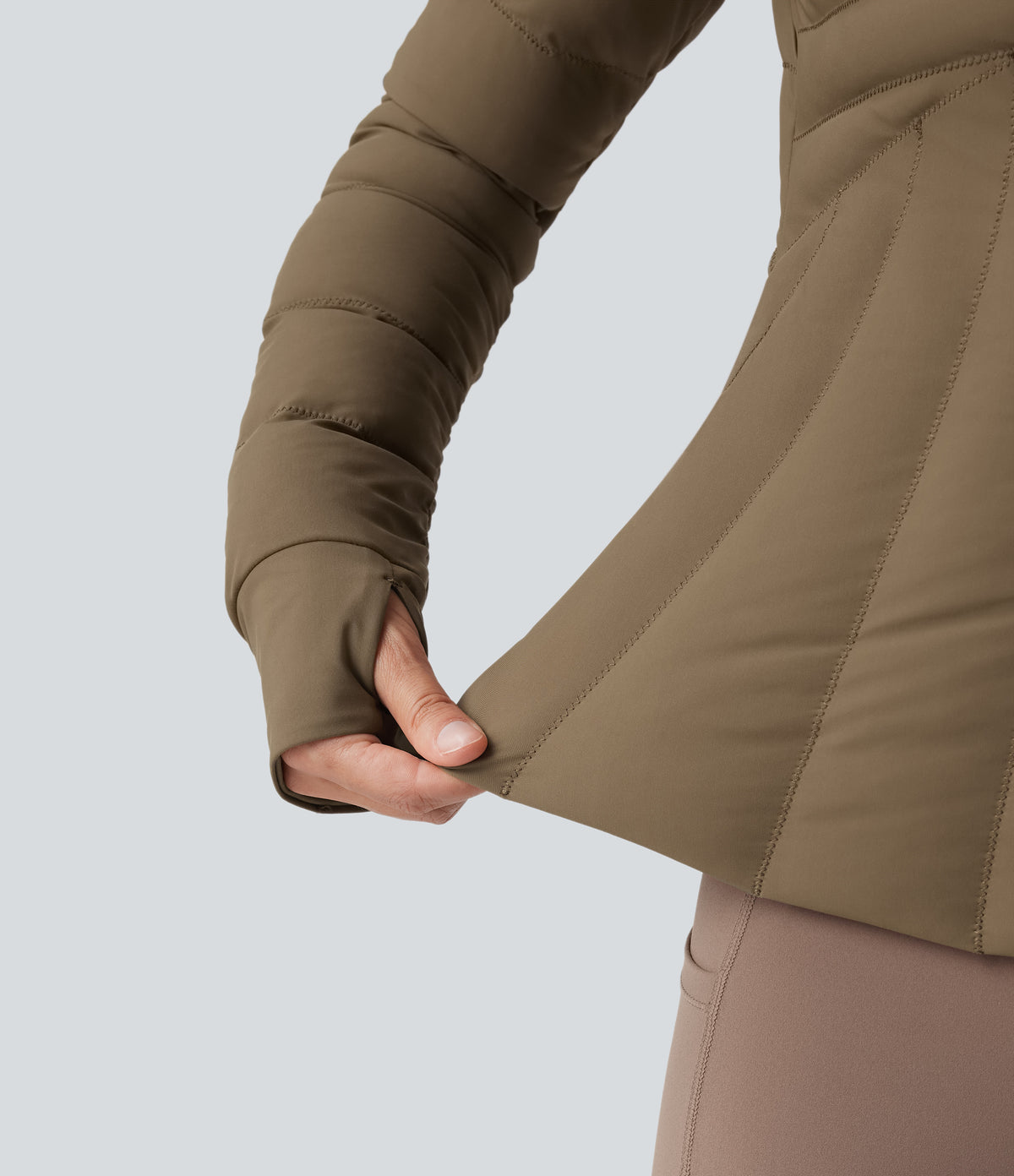 PuffFlex Stand Collar Thumb Holes Stretchy Workout Quilted Jacket with Pockets — Chestnut Brown — view 7