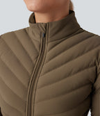 PuffFlex Stand Collar Thumb Holes Stretchy Workout Quilted Jacket with Pockets — Chestnut Brown — view 4