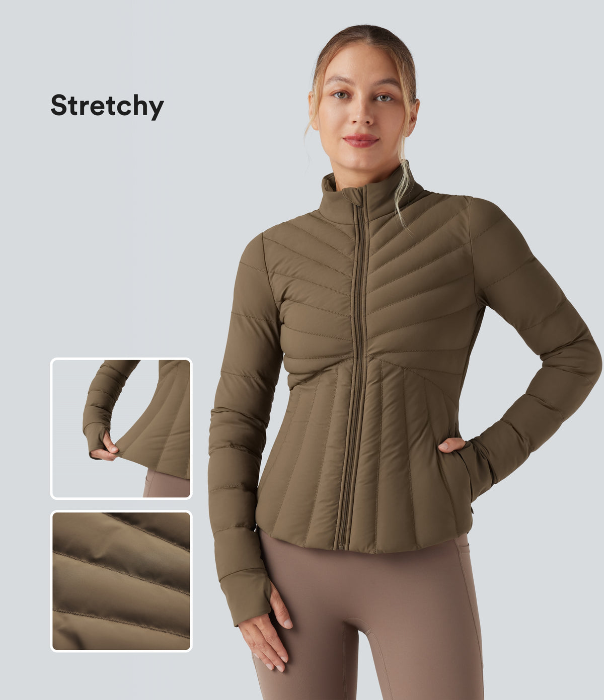 PuffFlex Stand Collar Thumb Holes Stretchy Workout Quilted Jacket with Pockets — Chestnut Brown — view 1
