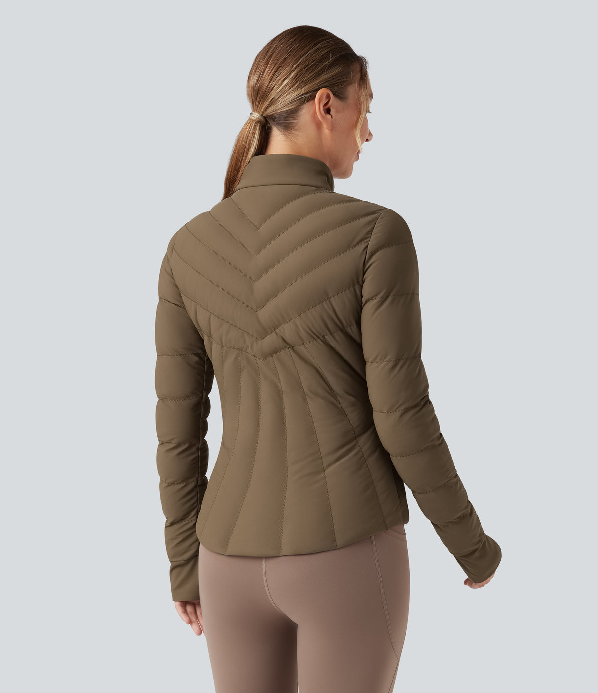 PuffFlex Stand Collar Thumb Holes Stretchy Workout Quilted Jacket with Pockets — Chestnut Brown — view 2