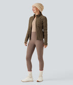 PuffFlex Stand Collar Thumb Holes Stretchy Workout Quilted Jacket with Pockets — Chestnut Brown — view 8