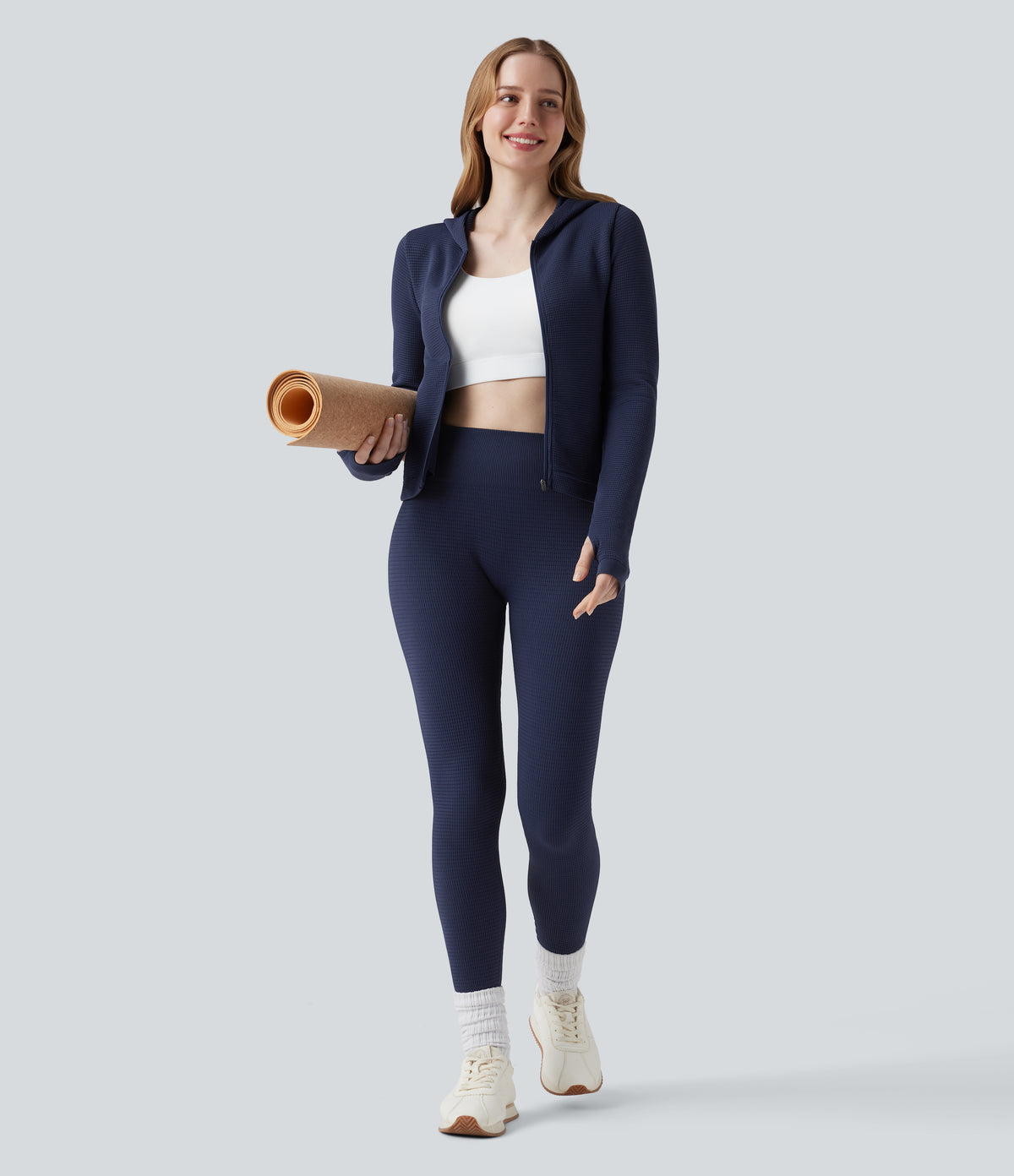 OneForm Seamless Flow Waffle Hooded Long Sleeve Thumb Hole Zipper Yoga Jacket with Pockets — Blueprint — view 7