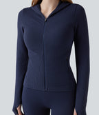OneForm Seamless Flow Waffle Hooded Long Sleeve Thumb Hole Zipper Yoga Jacket with Pockets — Blueprint — view 4