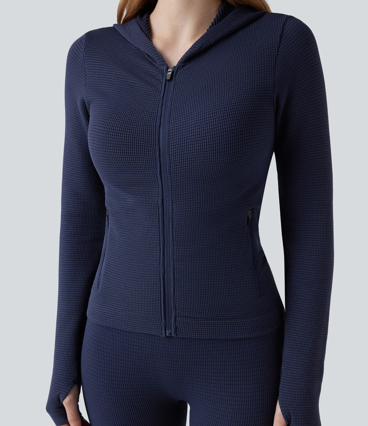 OneForm Seamless Flow Waffle Hooded Long Sleeve Thumb Hole Zipper Yoga Jacket with Pockets — Blueprint — view 4