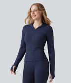 OneForm Seamless Flow Waffle Hooded Long Sleeve Thumb Hole Zipper Yoga Jacket with Pockets — Blueprint — view 1