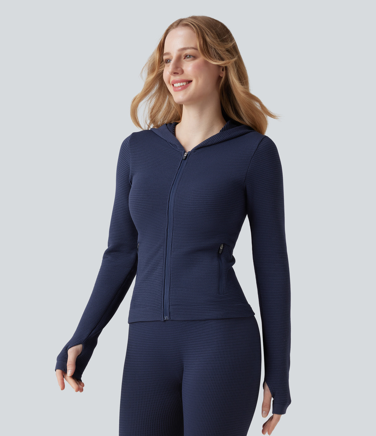 OneForm Seamless Flow Waffle Hooded Long Sleeve Thumb Hole Zipper Yoga Jacket with Pockets — Blueprint — view 1