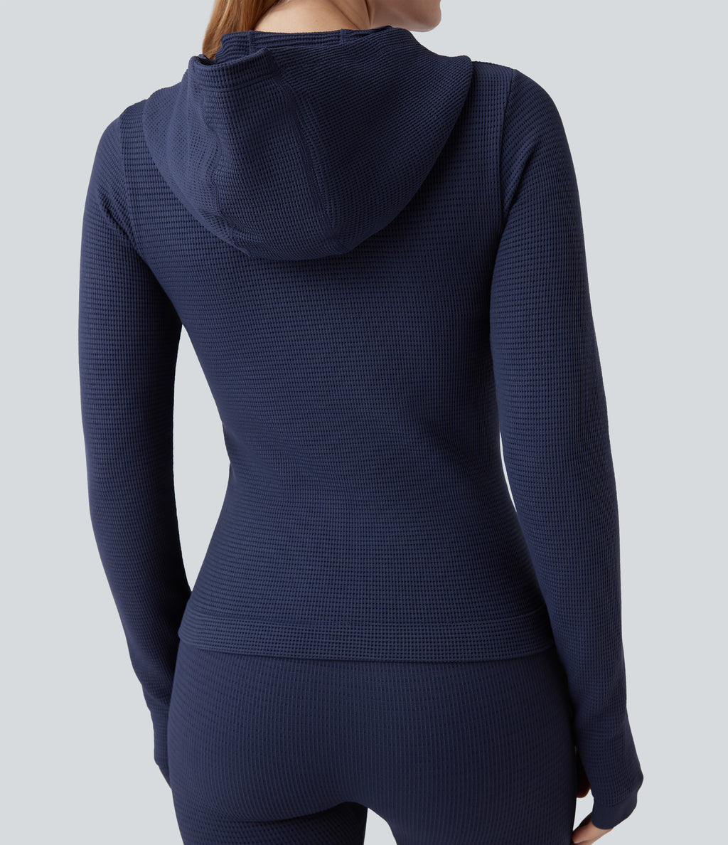 OneForm Seamless Flow Waffle Hooded Long Sleeve Thumb Hole Zipper Yoga Jacket with Pockets — Blueprint — view 5